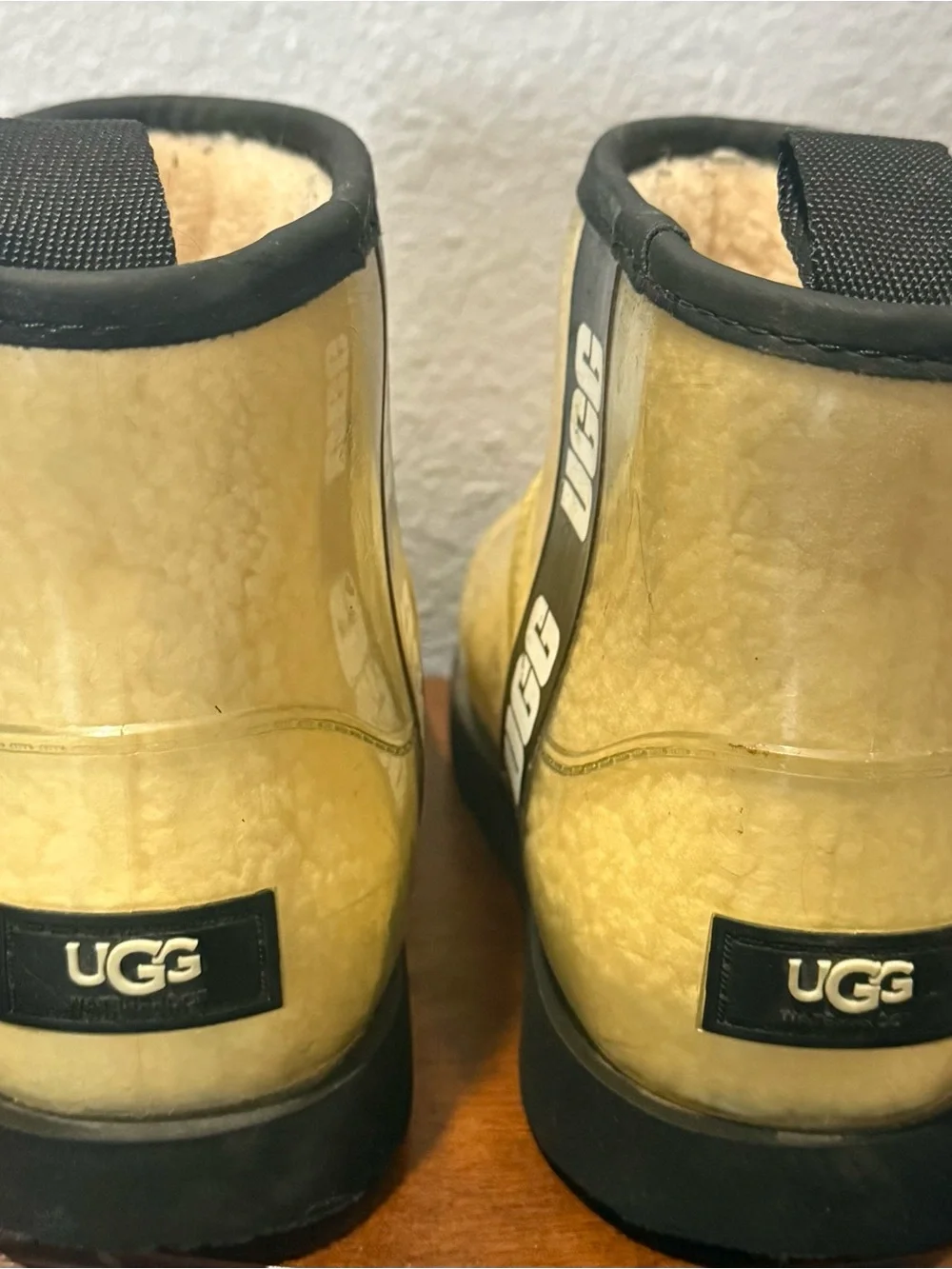 UGG Cream Shearling Short Rain Boot with Black Trim